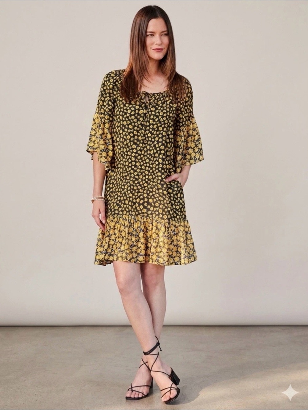 Karen Kane Women's Floral Patchwork Boho Bell Sleeve Mini Dress Black Yellow S